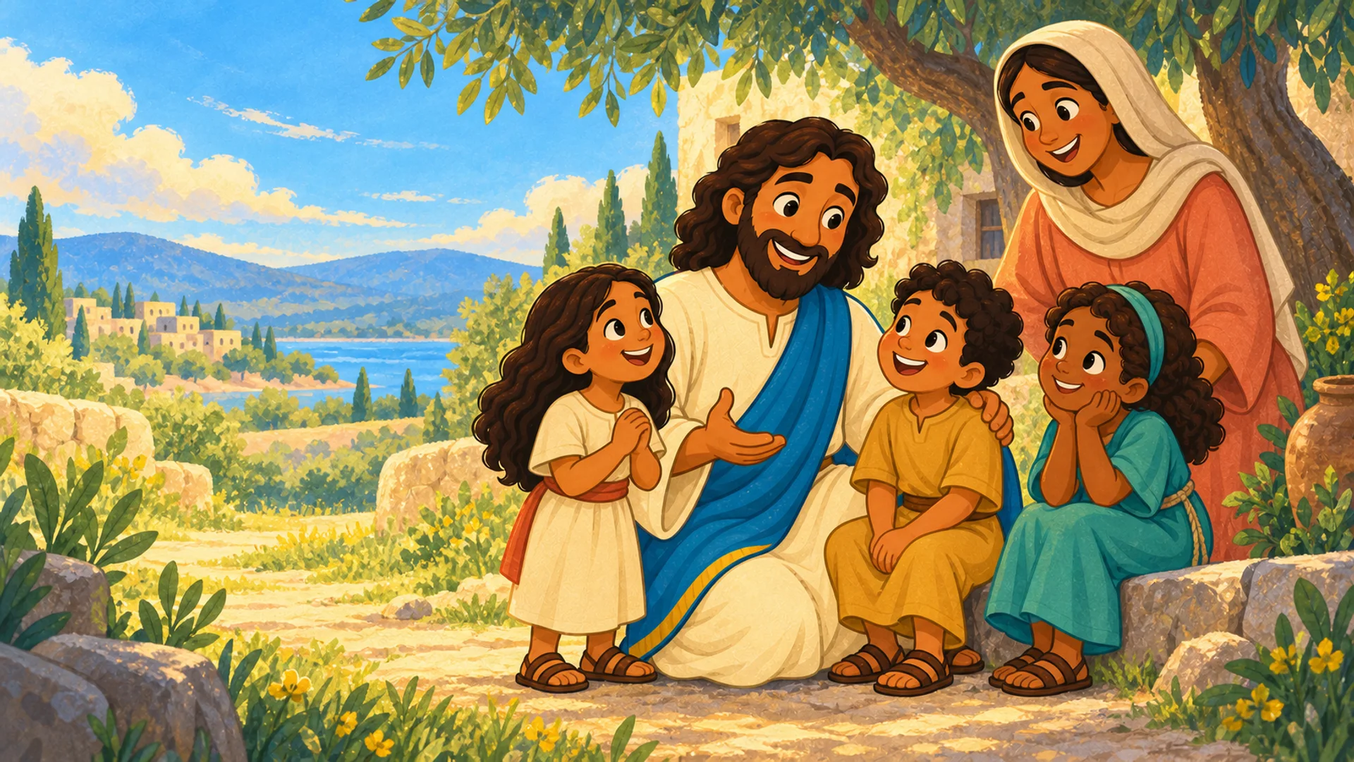 Jesús conversa con niños y una familia bajo un árbol