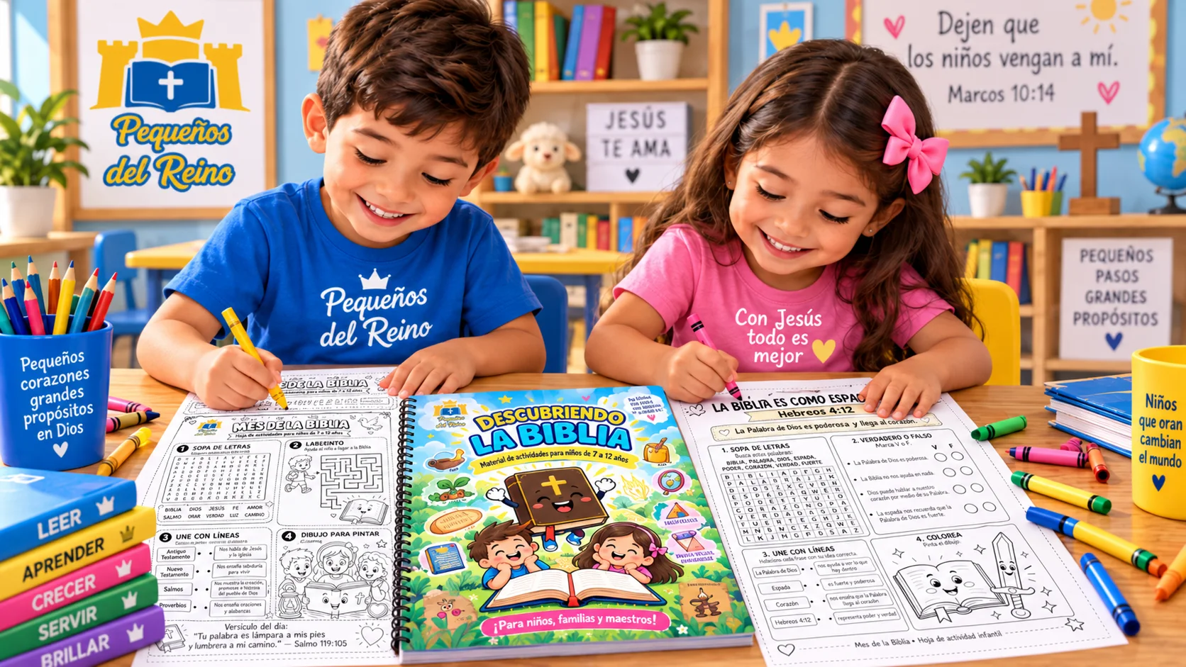 Niños trabajan actividades bíblicas del libro