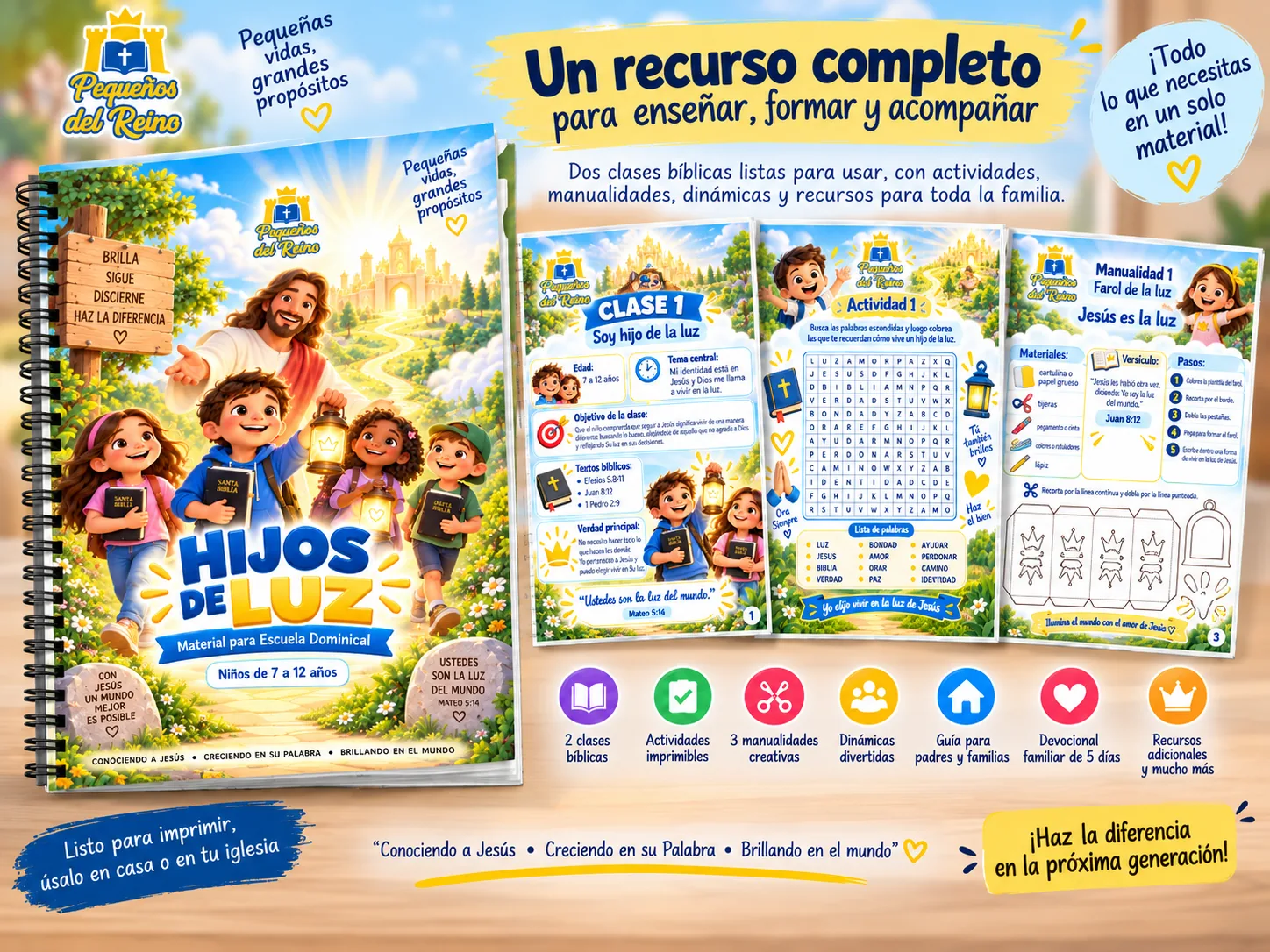 Libro Hijos de Luz junto a ejemplos de una clase, una actividad y una manualidad