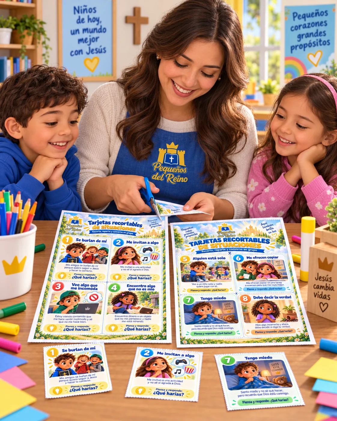 Una maestra prepara tarjetas de situaciones con dos niños