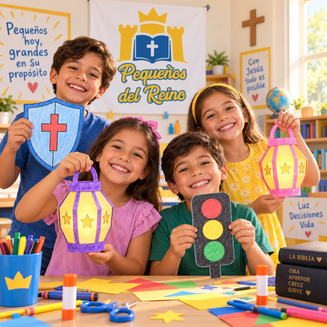 Niños muestran faroles, un escudo y un semáforo creados en clase