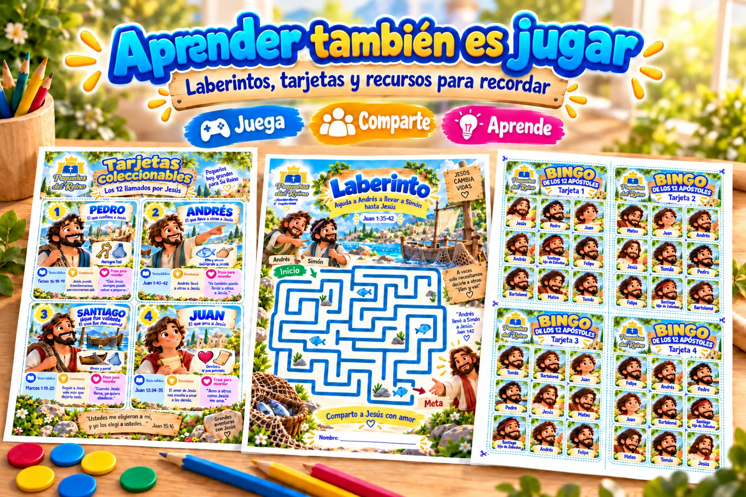 Tarjetas coleccionables, laberinto y bingo de los apóstoles