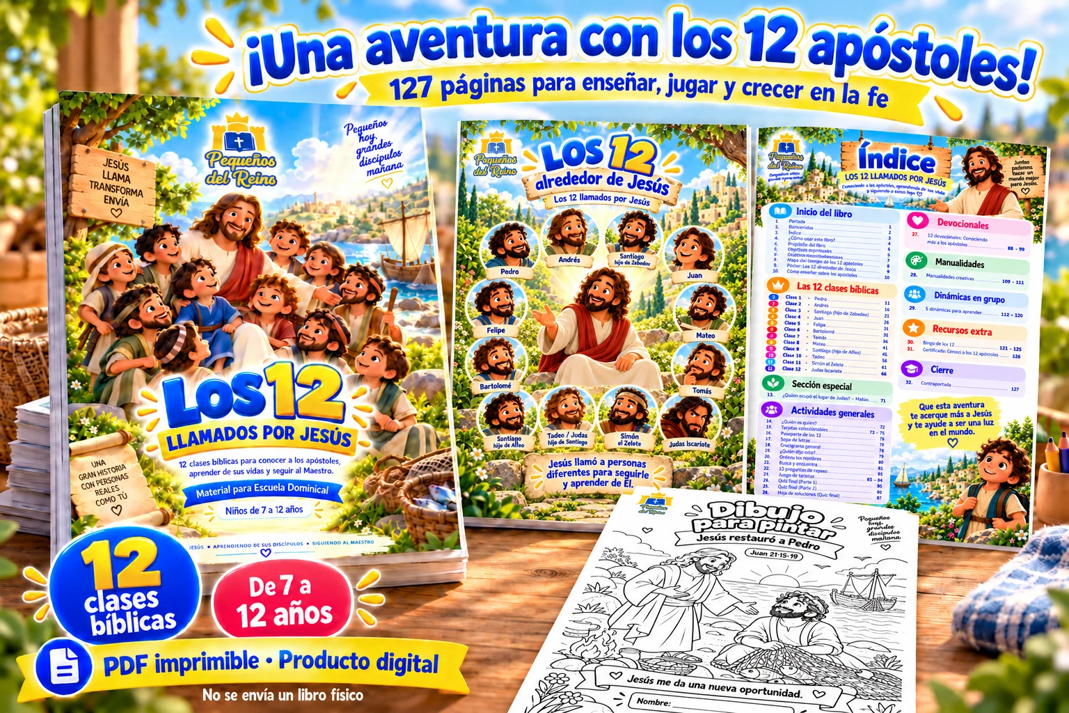 Los 12 llamados por Jesús: portada, póster de los apóstoles, índice y una lámina para colorear